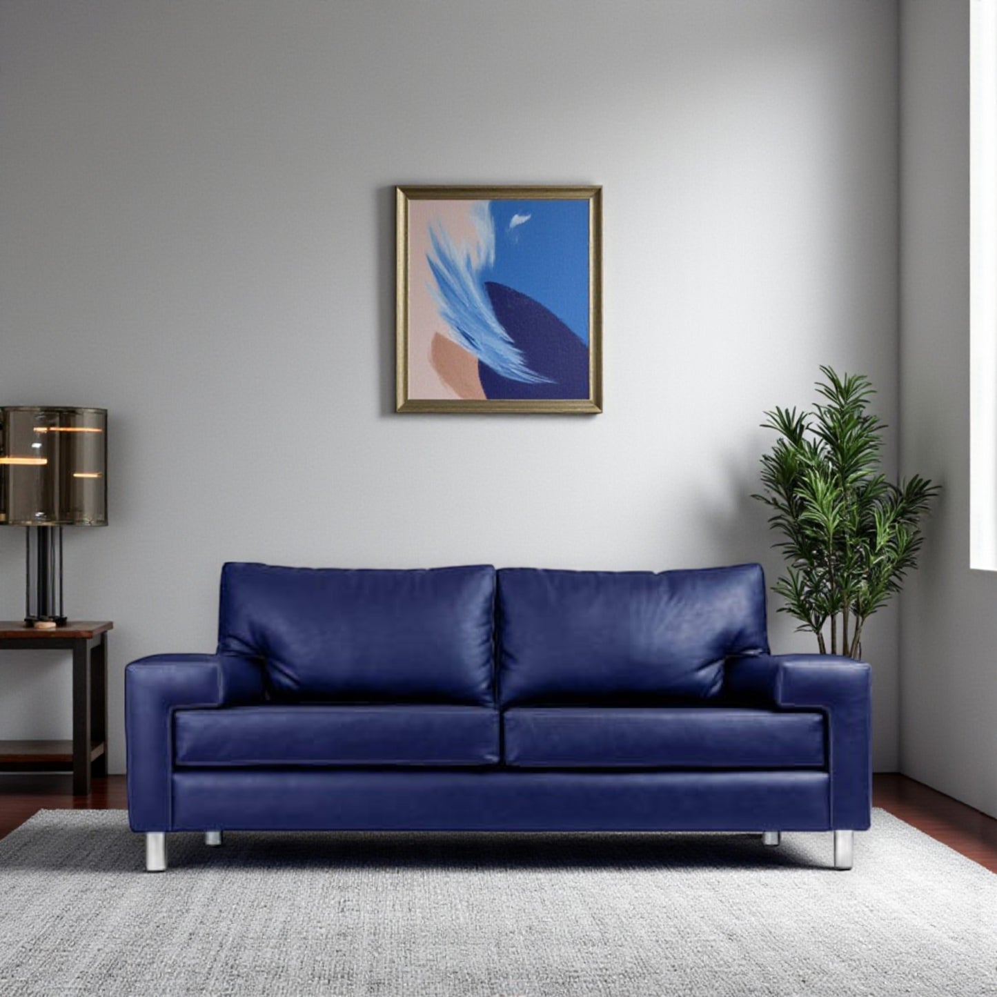 Two Seater Navy Blue Faux Leather Sofa